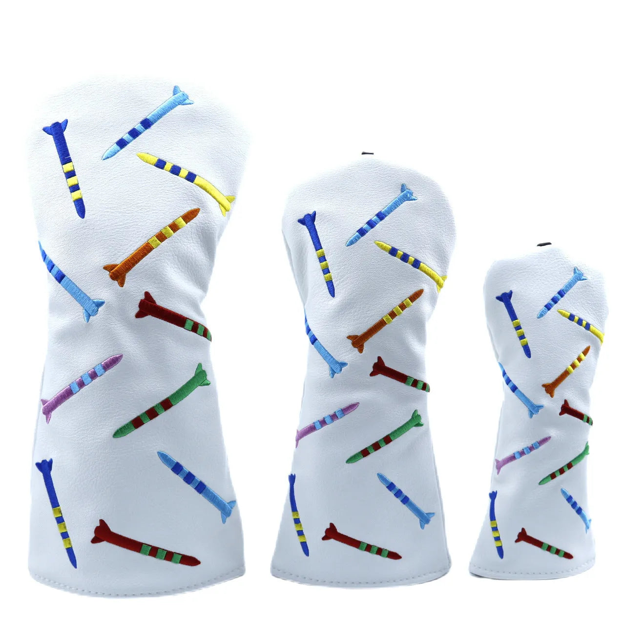 Set of black and white PU golf club wooden poles in three different sizes displayed together.