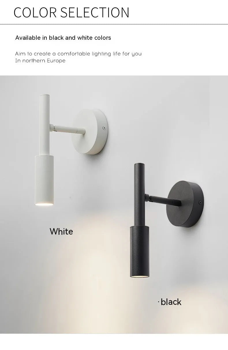 Modern minimalist wrought iron wall lamp in black or white with adjustable three-colour lighting.