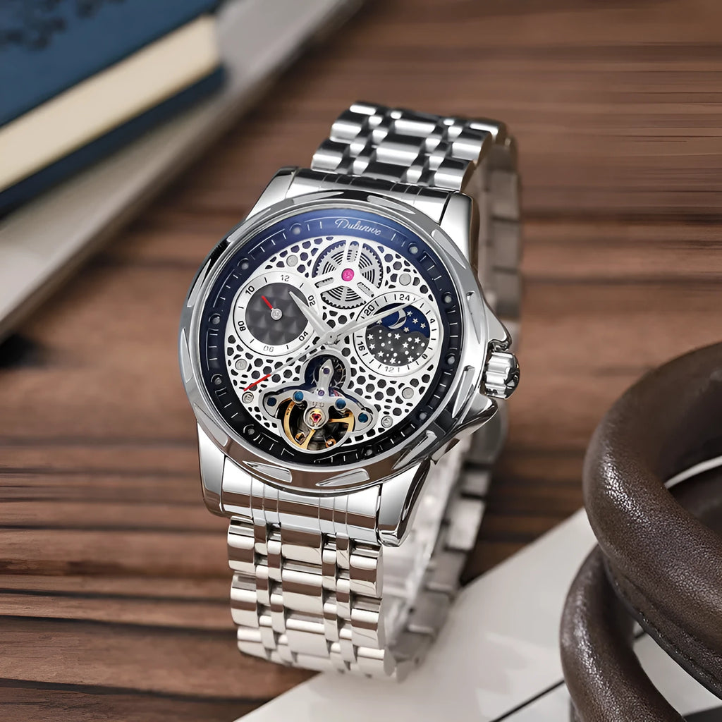 Men's automatic watch with luminous hands on steel bracelet, black dial, waterproof case