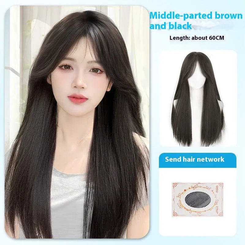 Black long straight synthetic wig with full bang fringe on mannequin head, showing brown-black colour option