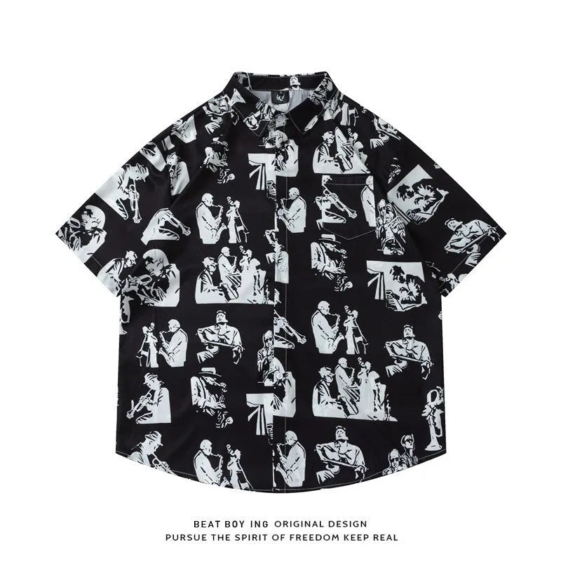 Full printed short sleeve shirt with floral pattern in loose cardigan style