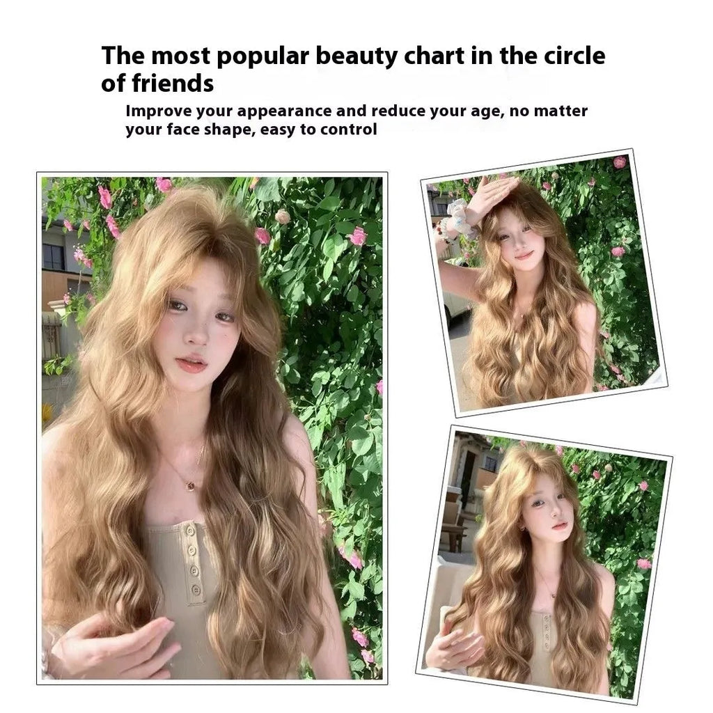 Linen brown medium length curly synthetic wig with hair net on display