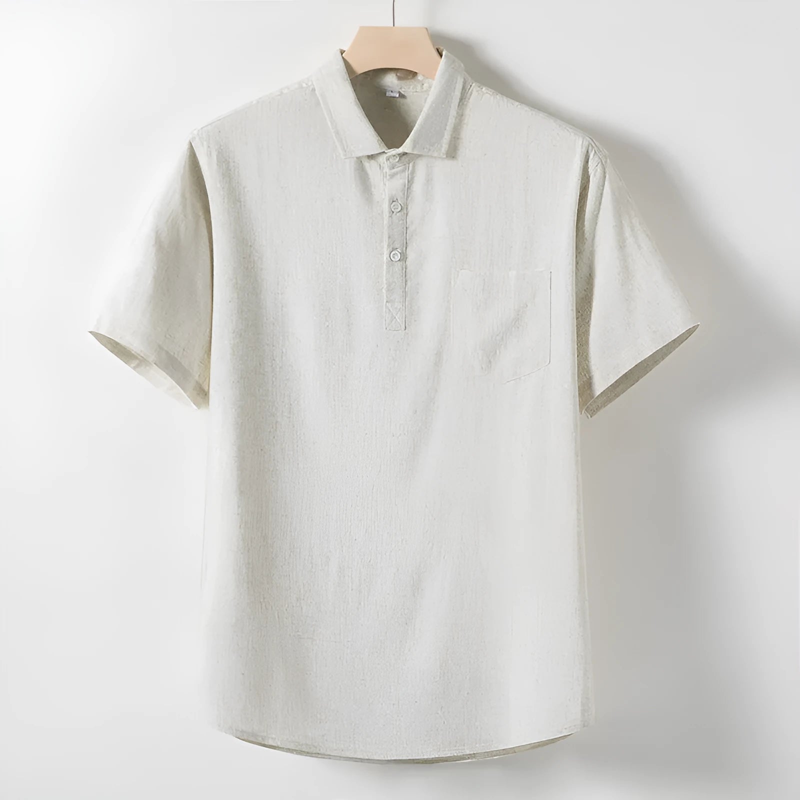 Men's loose lapel linen-blend t-shirt in black, optic linen, or white, short sleeve pullover style.