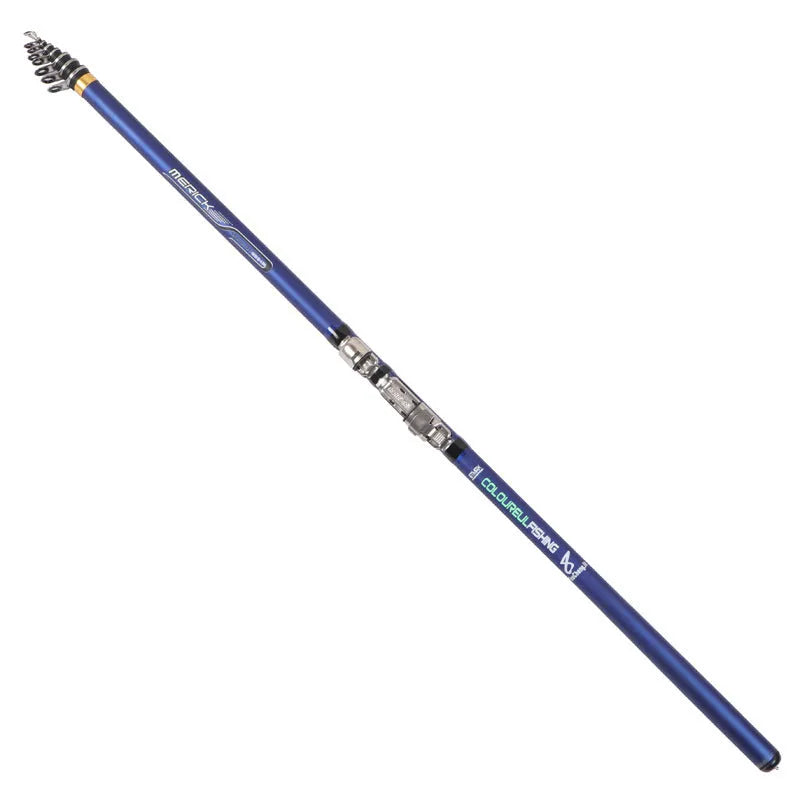 Blue telescopic carbon rock fishing rod extended on a rocky shore for sea fishing