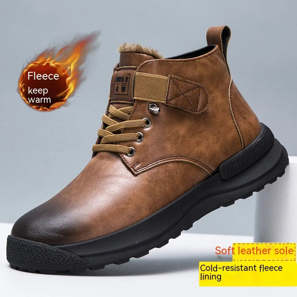 Men's black high-top platform Martin boots with a velvet finish and rubber sole.