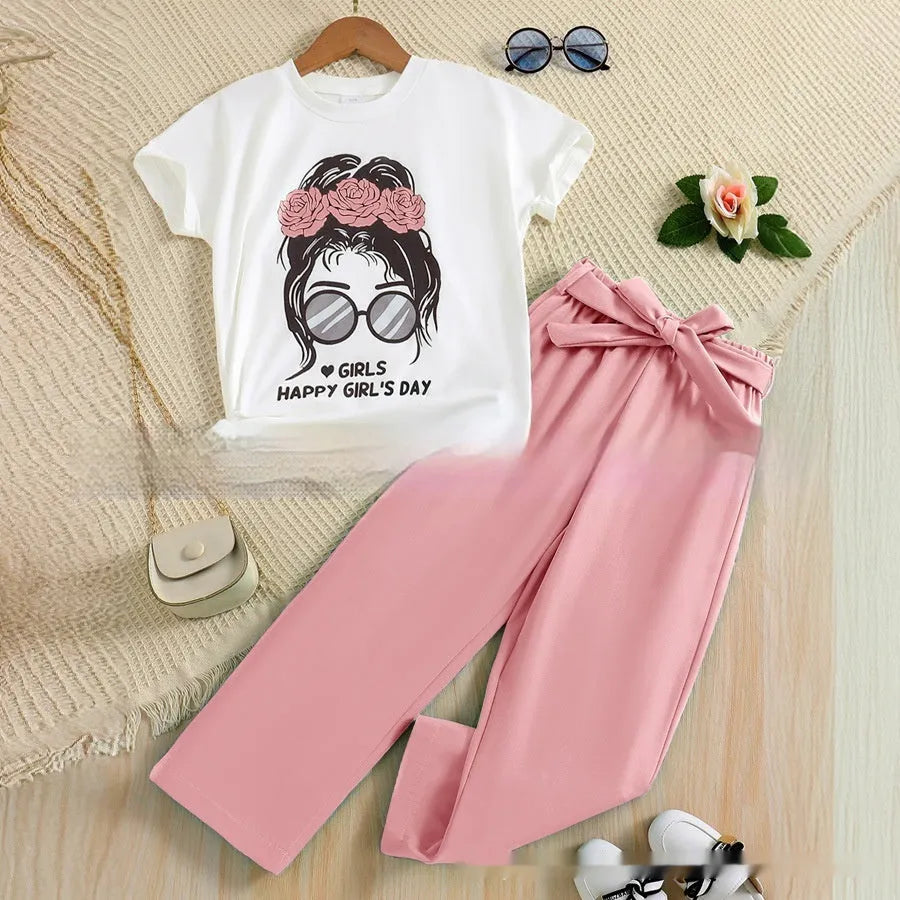 Summer girls' breathable polyester cartoon two-piece suit in pink with printed top and matching trousers