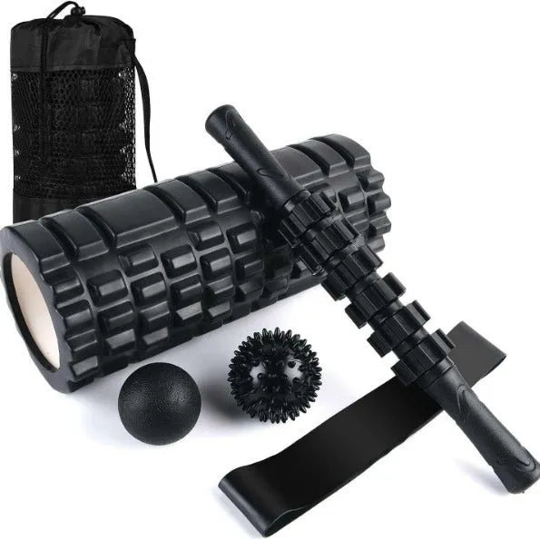 Black six-piece 33cm foam massage roller stick for fitness recovery