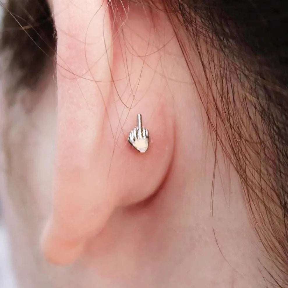 Niche quirky middle finger alloy screw clasp ear cartilage earring for women, vertical motif, bow shape, one pair