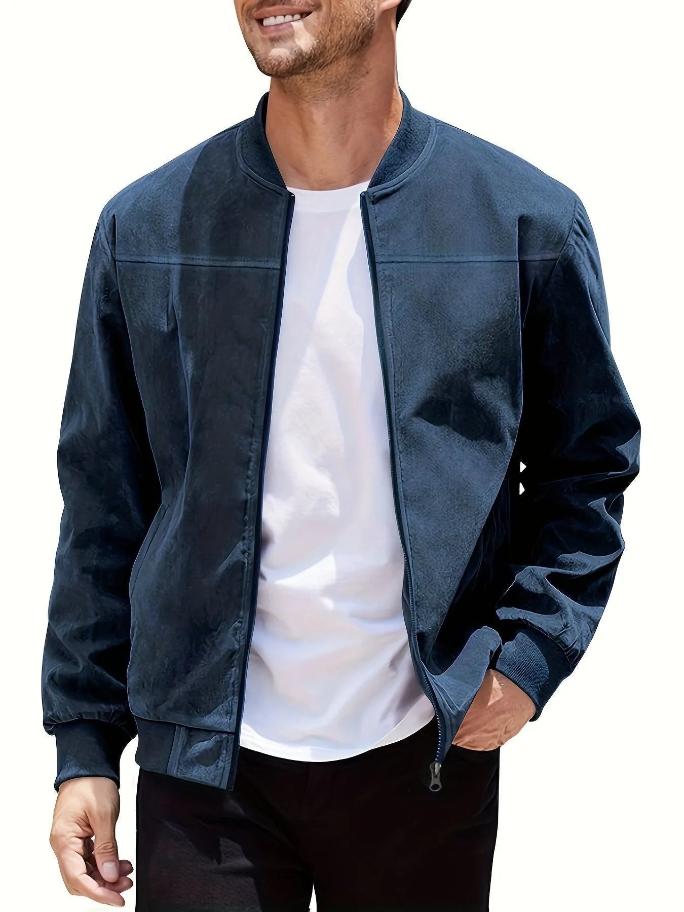 Men's casual plus size suede zipper jacket in polyester with cotton lining