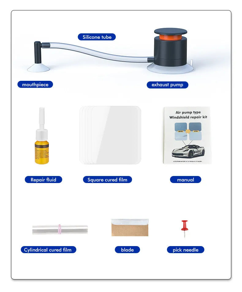 Car windshield repair kit with plastic crack and point repair tools for automotive glass damage