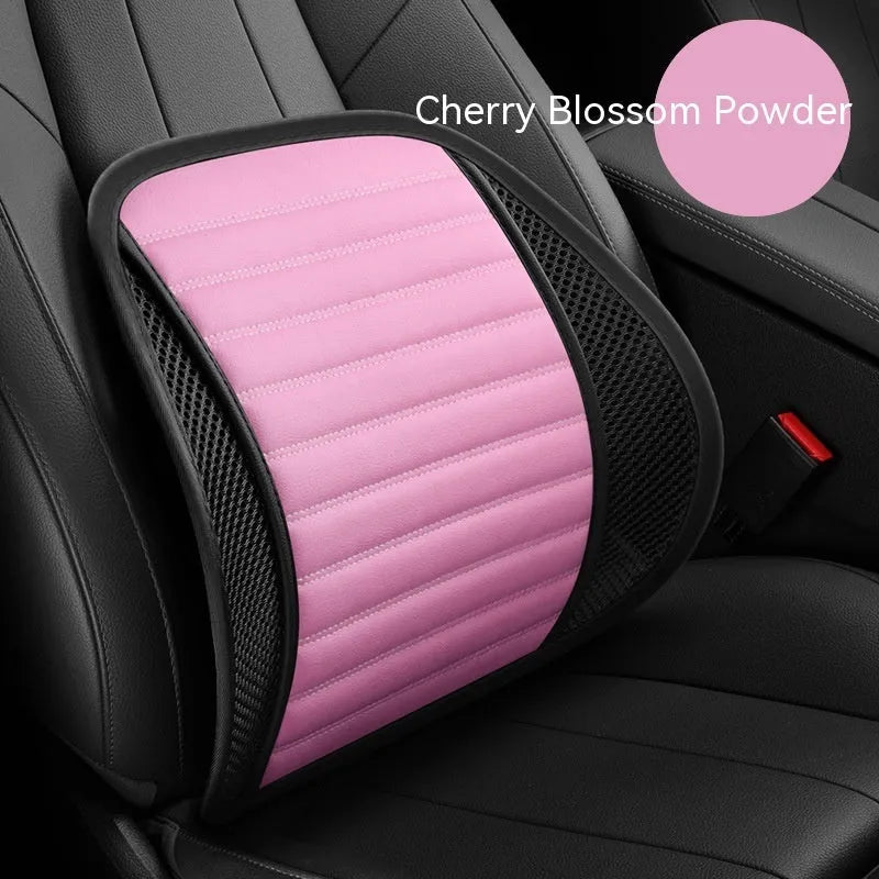 Leather lumbar support cushion for car seats showing colour options including sapphire blue, amber brown and mysterious black