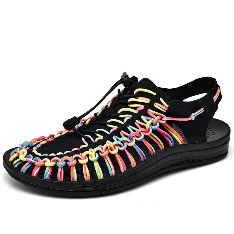 Woven Roman-style sandals with drawstring tie closure in multiple colour options