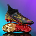 Men's high-top football training shoes with a gold-plated sole on an artificial grass surface