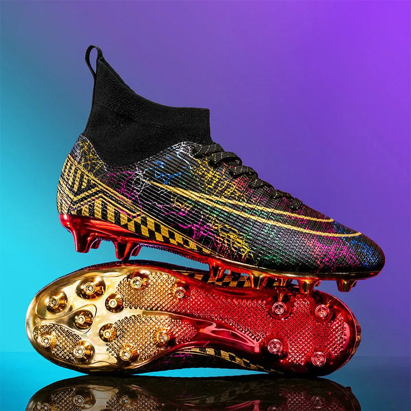 Men's high-top football training shoes with a gold-plated sole on an artificial grass surface