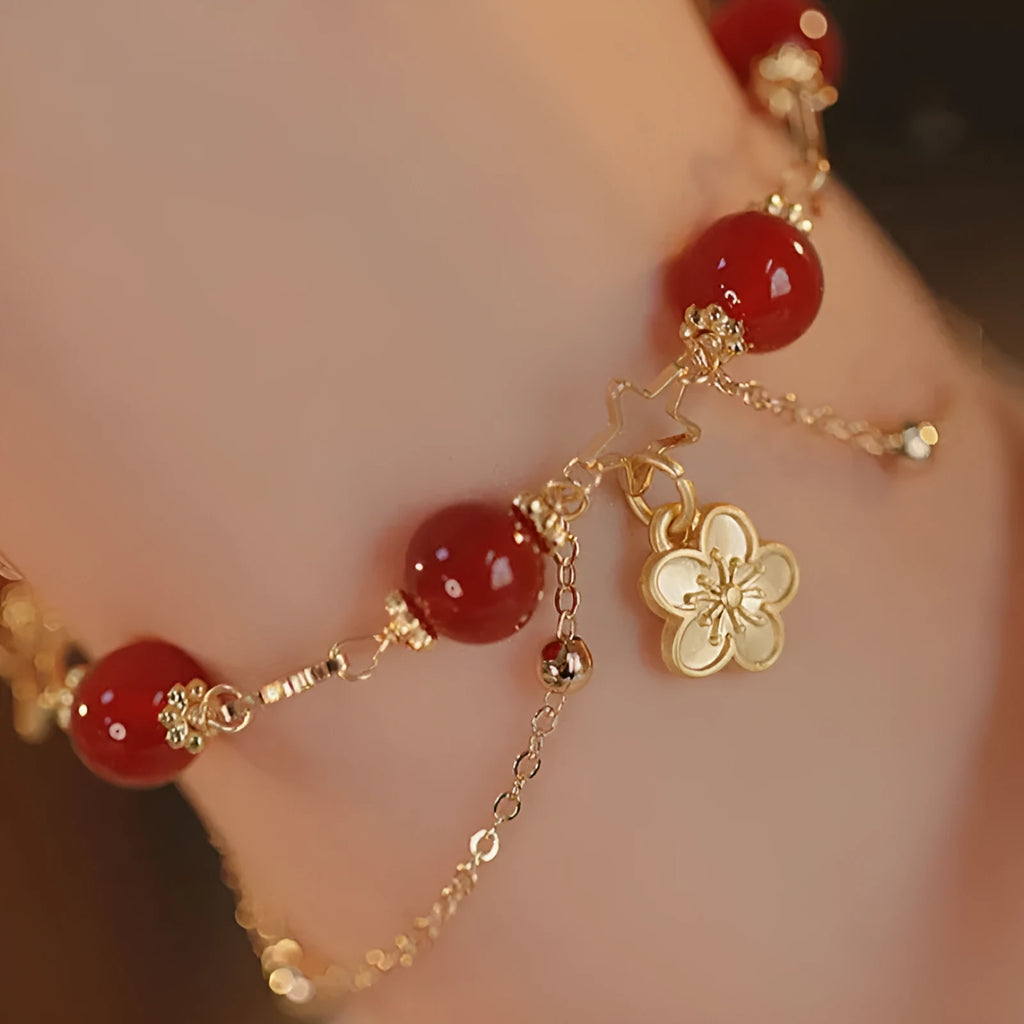 Red agate double layer bracelet with peach blossom ethnic design elements