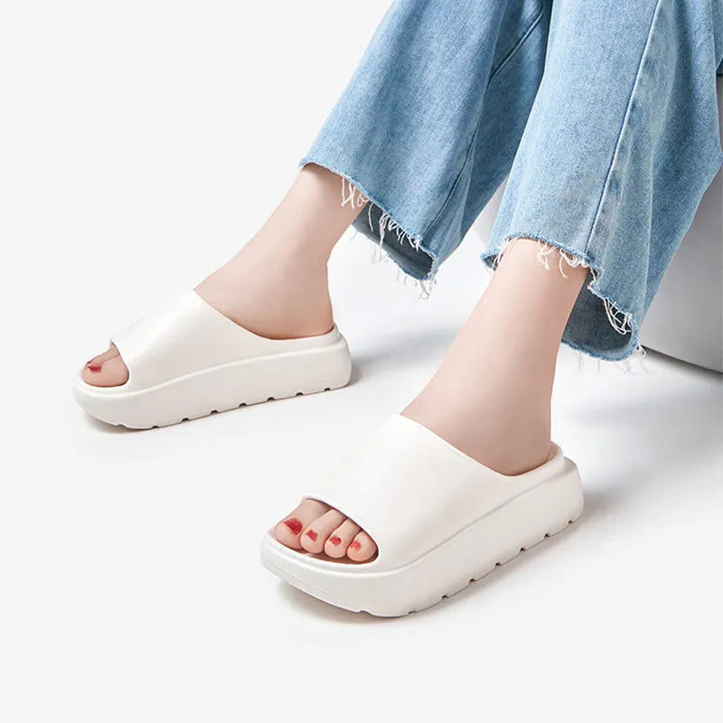 Women's fish mouth slippers with 5.5cm thick EVA sole in beige, black, khaki, or rose red.