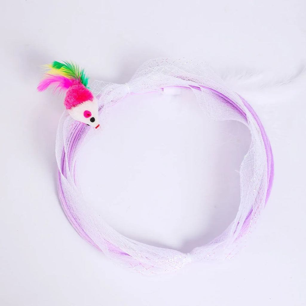 S-type cat tunnel toy with steel frame, elastic mesh, and feather attachment for feline enrichment