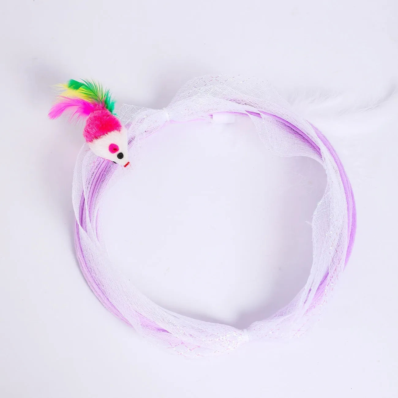 S-type cat tunnel toy with steel frame, elastic mesh, and feather attachment for feline enrichment