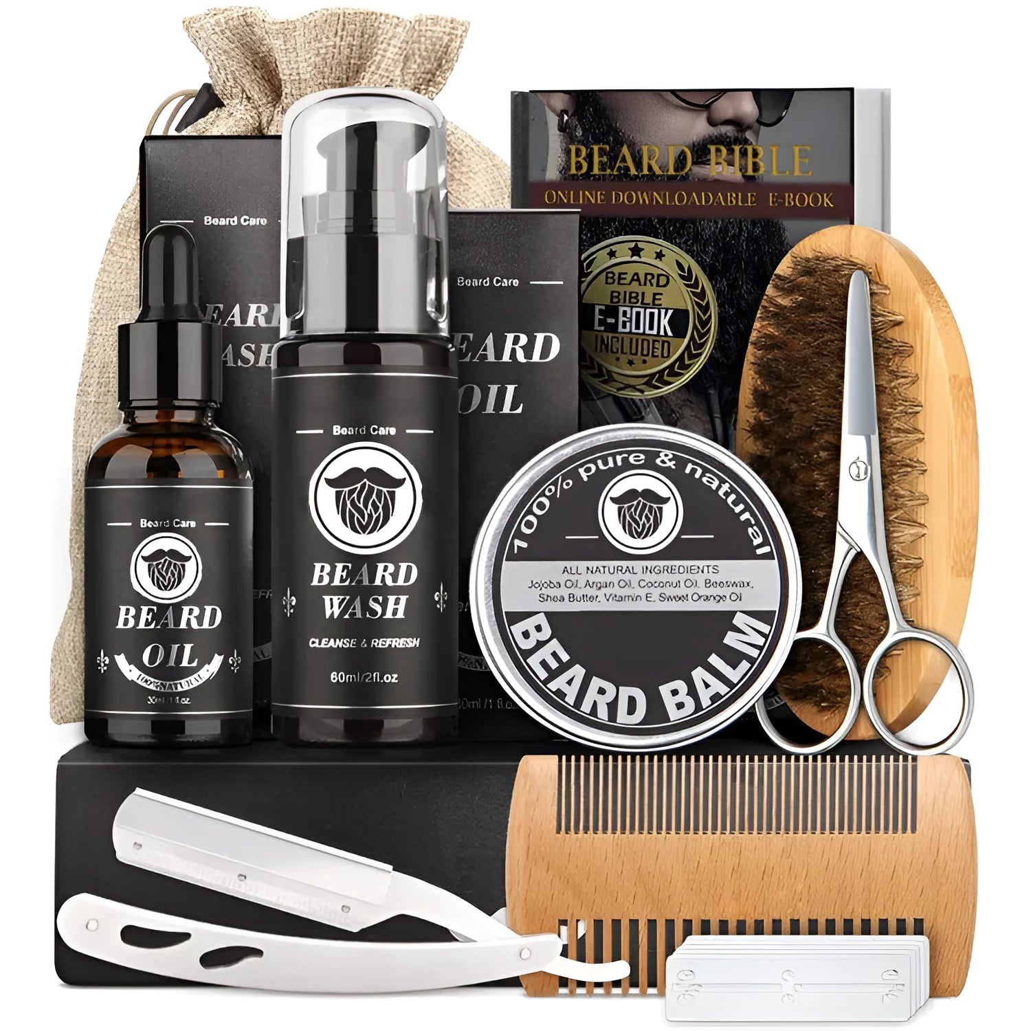 Men's beard grooming kit with beard roller, disinfectant, and SPF50 moisturiser in Suit series Style A packaging