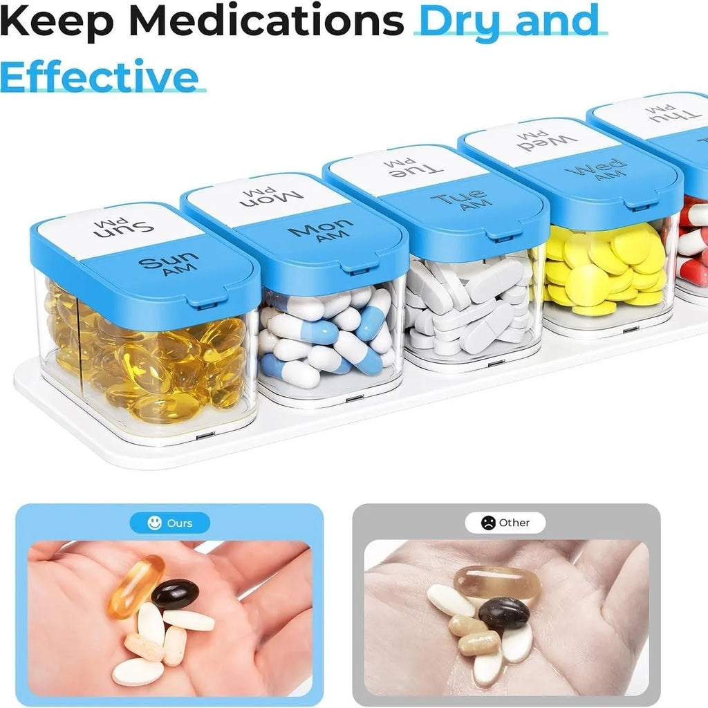 Portable 14-compartment pill box dispenser with removable sections in white or rainbow colours