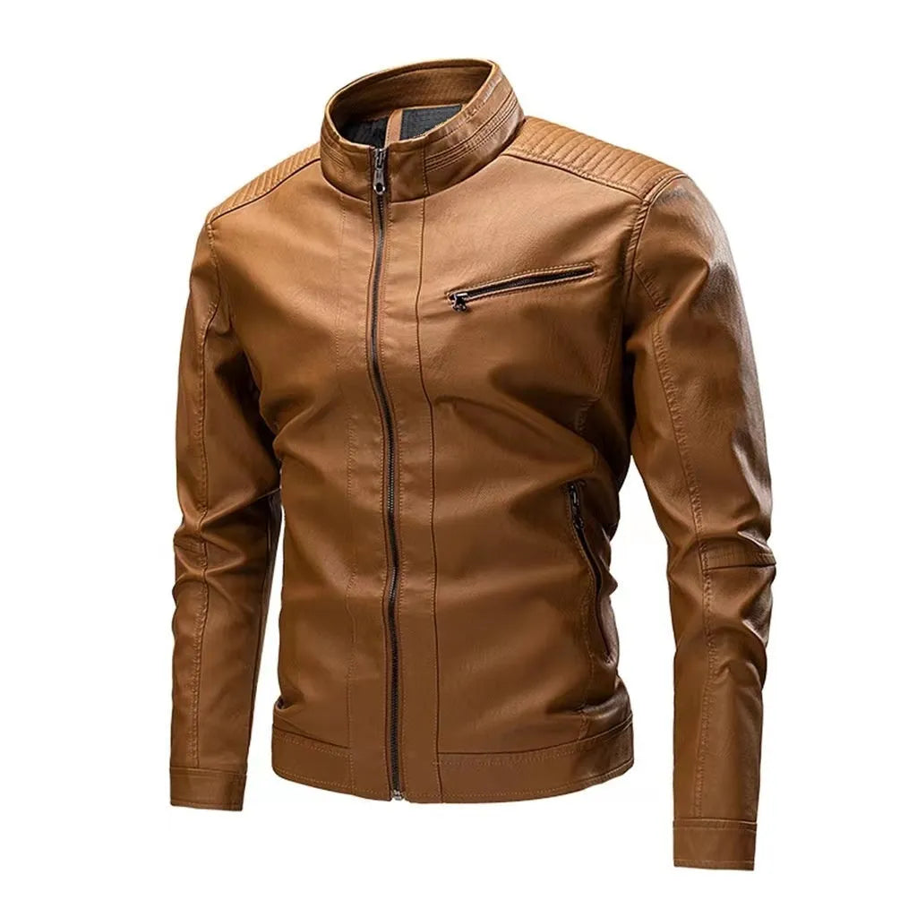 Men's PU leather motorcycle jacket in black with stitching, side pockets, and regular fit