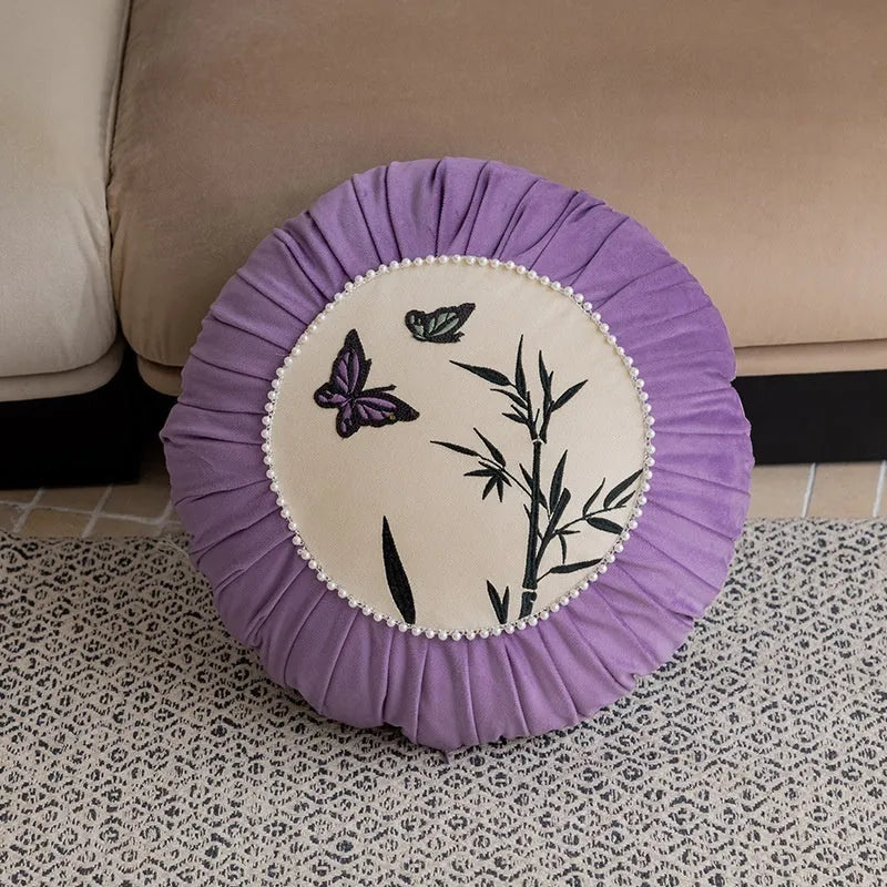 Square 45x45 cm cushion with Chinese style butterfly embroidery in beige, black, or purple