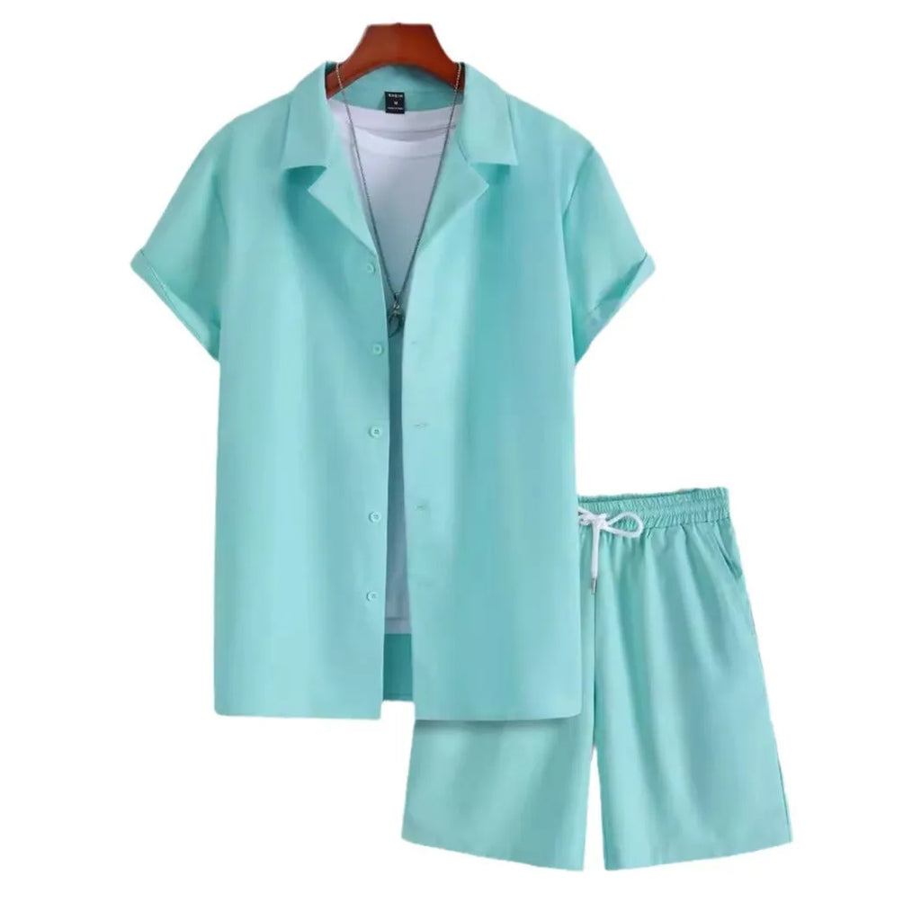 Men's Cuban collar sport suit with short sleeve top and matching shorts in lightweight polyester fabric