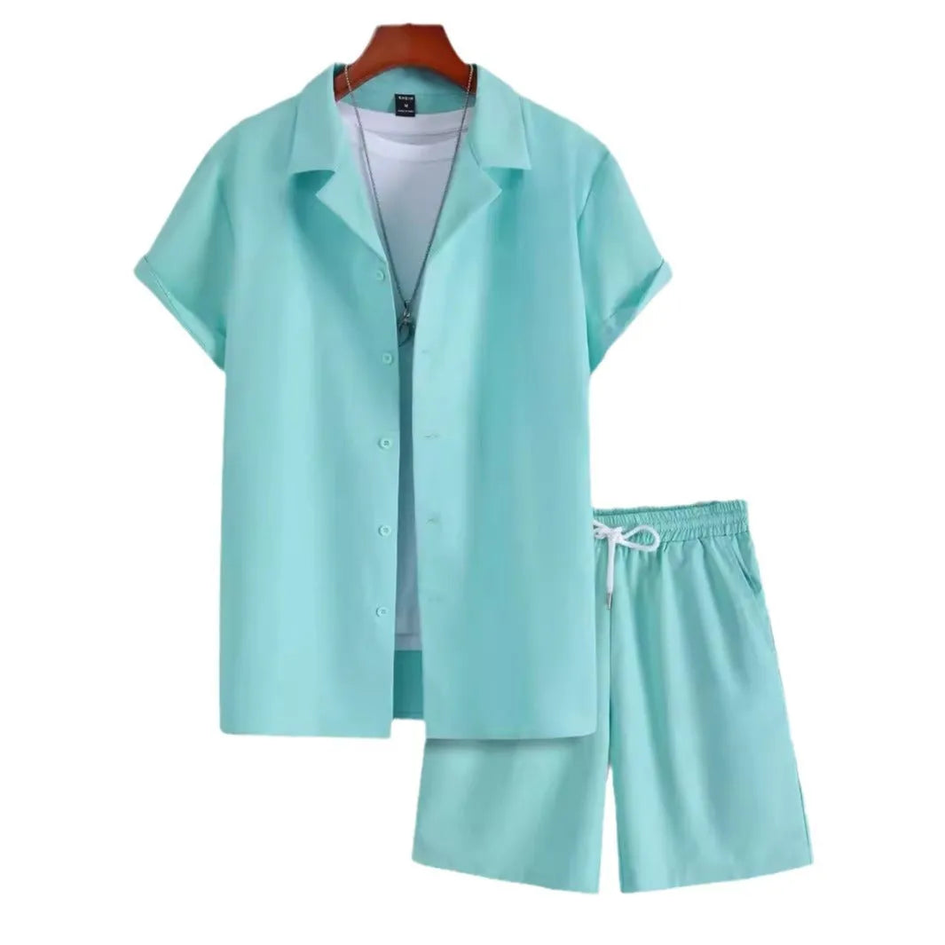 Men's Cuban collar sport suit with short sleeve top and matching shorts in lightweight polyester fabric