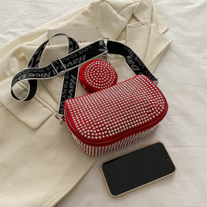 Rhinestone shoulder bag with small purse in black red white Oxford cloth dumpling shape