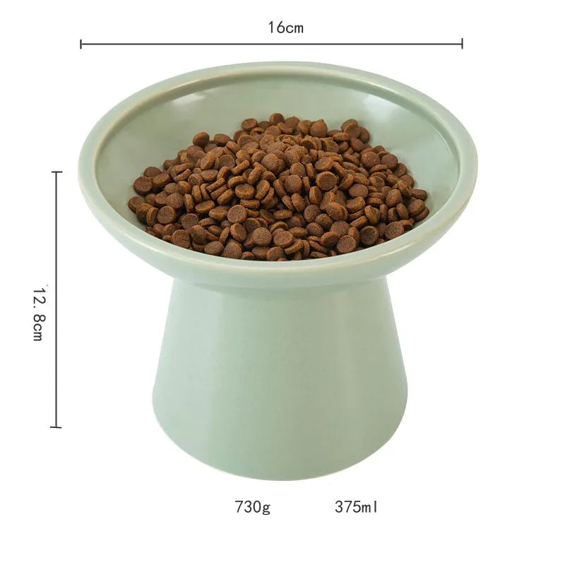 Blue ceramic elevated cat bowl with wide shallow dish and 12cm height for whisker-friendly feeding