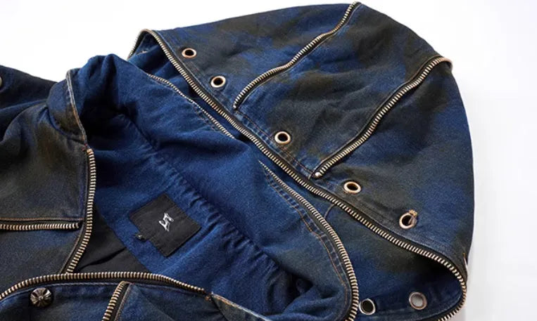 Blue hooded denim vest coat and matching trousers laid flat, showing zip front and Korean style design