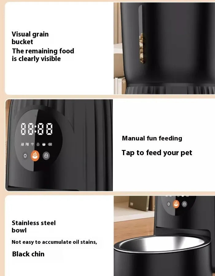Black automatic pet feeder with digital display and food container showing portion control settings