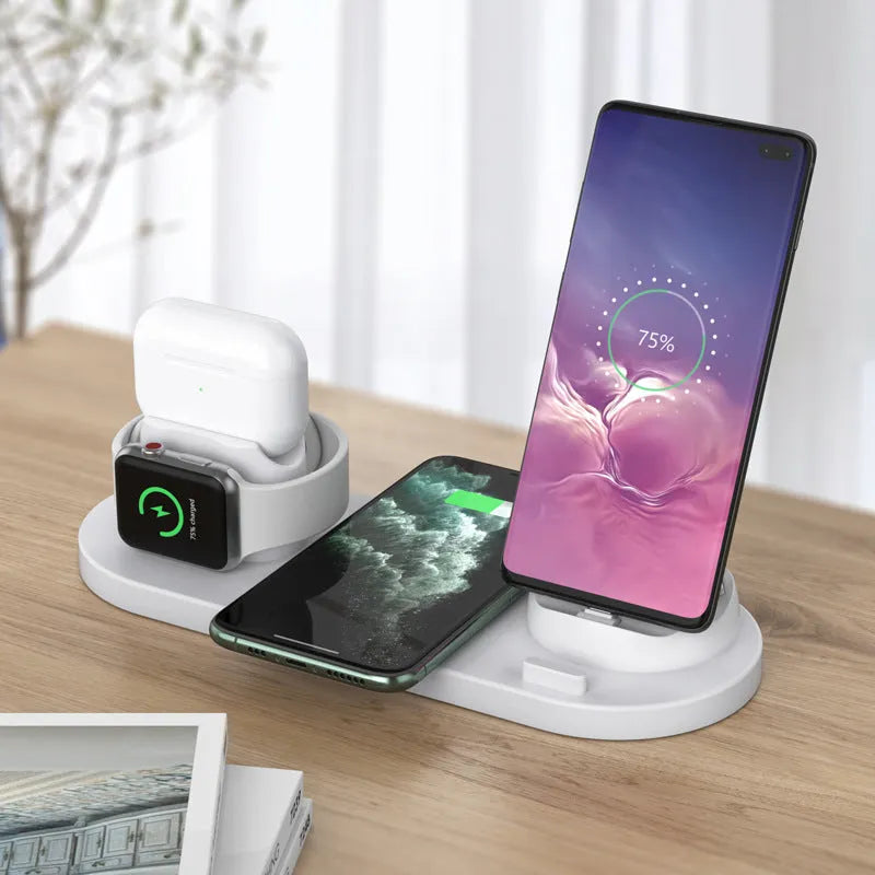 Black 6-in-1 wireless charging station with smartphone, AirPods and iWatch charging areas