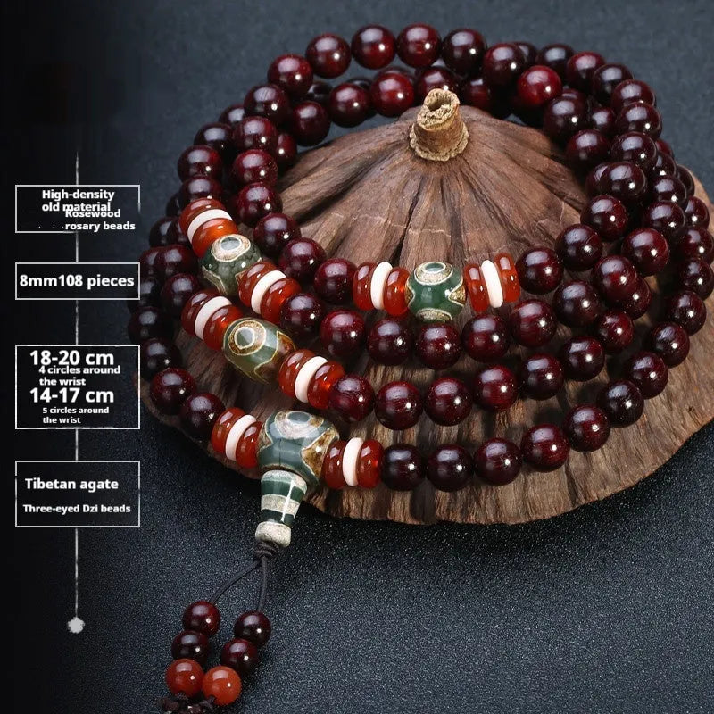 Men's rosewood bracelet with 108 beads, showing 6mm and 8mm size options alongside styles like lapis lazuli and turquoise.
