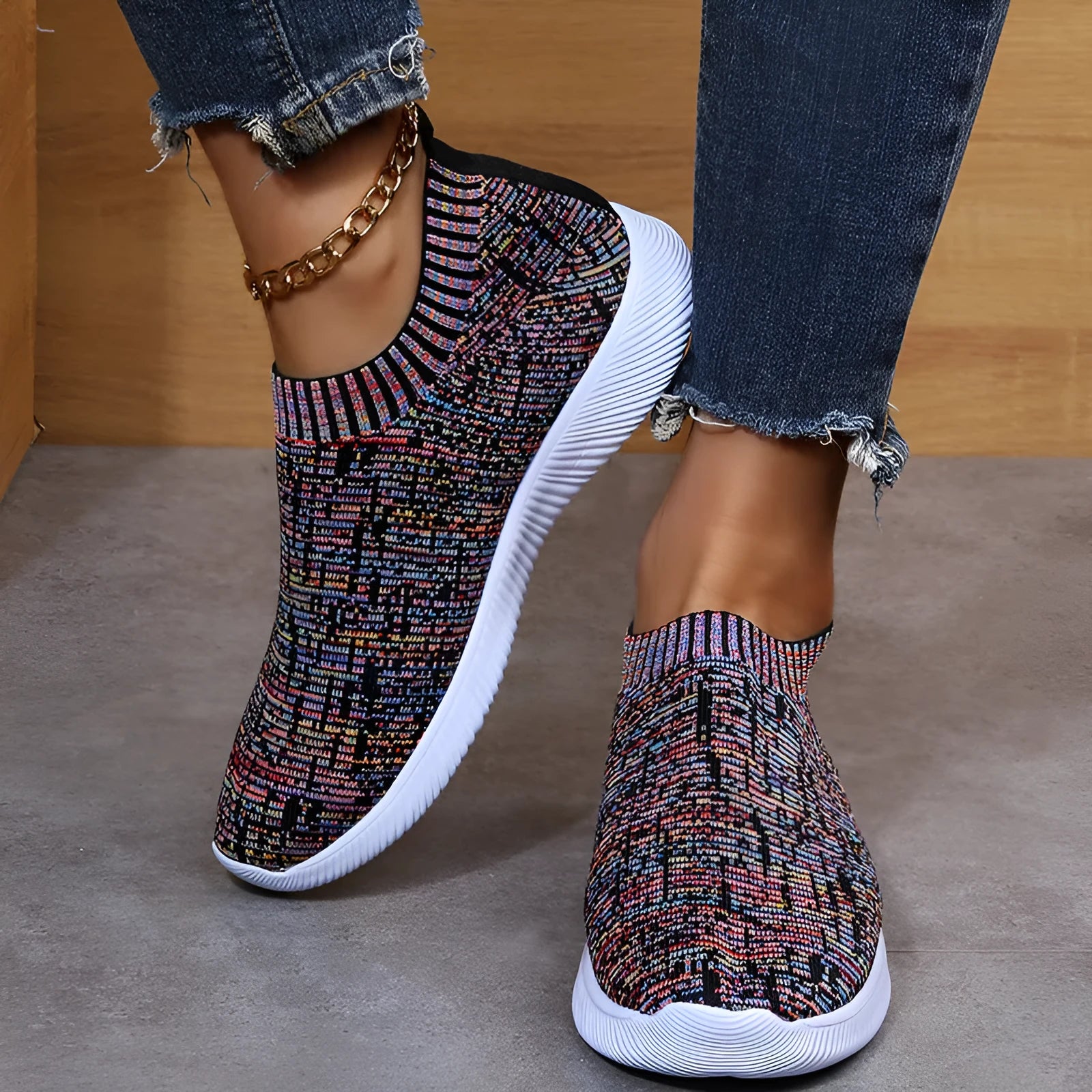 Unisex stripe knit sock shoes flat sneakers in white grey flower colour low top EVA sole