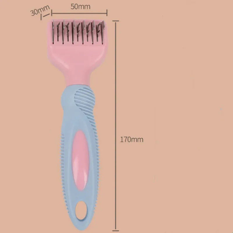 Pink stainless steel dog grooming comb with knot knife and massage pins on a white background.
