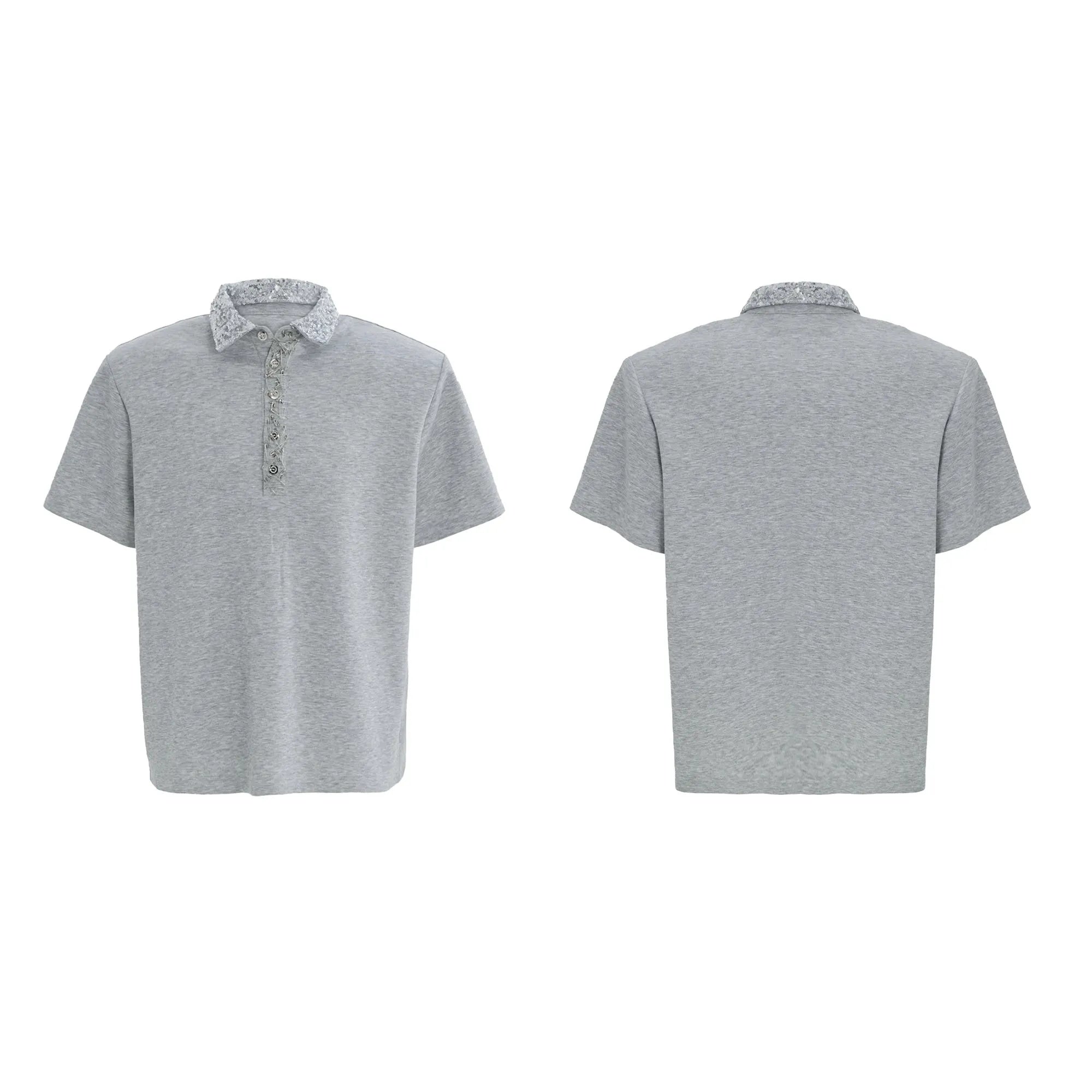 Men's black loose-fit polyester polo shirt with a square collar and short sleeves.