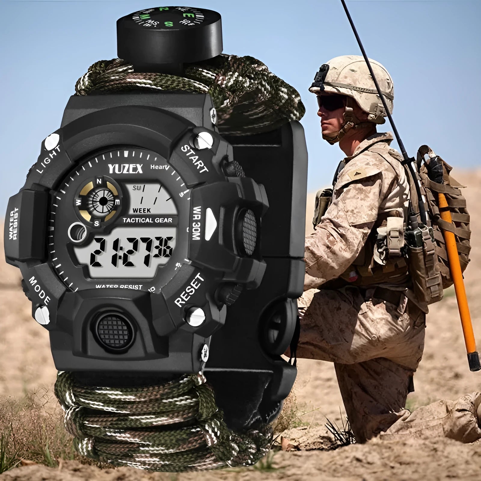 Multifunctional survival bracelet watch with parachute cord strap, firestone, whistle, and compass on a wrist in outdoor setting