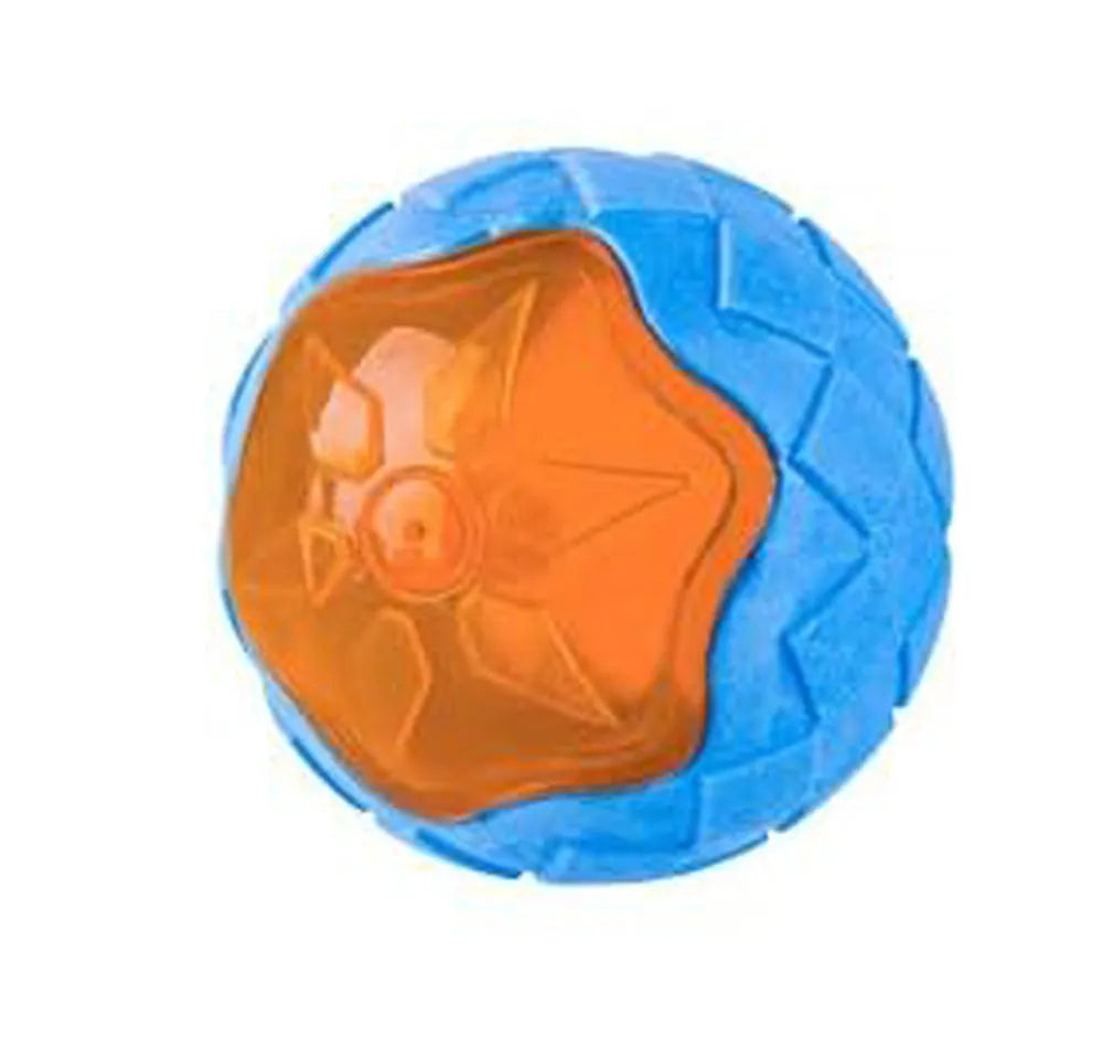 Set of three TPR dog toys: a red ball, blue barbell, and orange tyre on a blue background.