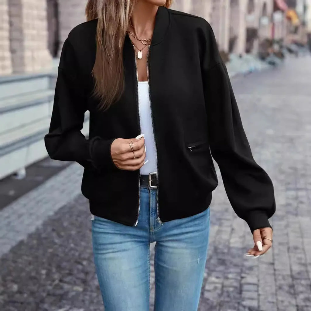 Black women's zip jacket with long sleeves for casual autumn winter wear