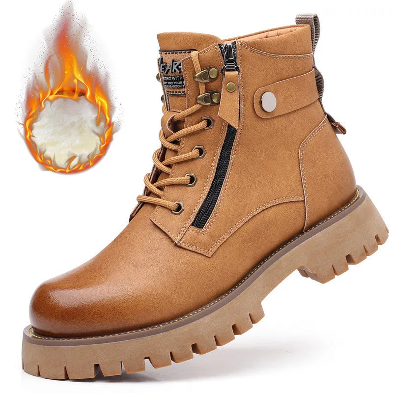 Men's brown leather high-top Martin boots with side zipper and mid heel for height increase