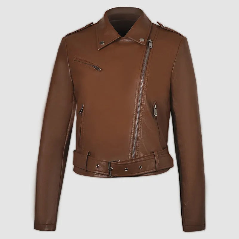 Red women's PU leather motorcycle jacket featuring a short belt on the lapel.