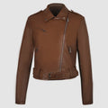 Red women's PU leather motorcycle jacket featuring a short belt on the lapel.