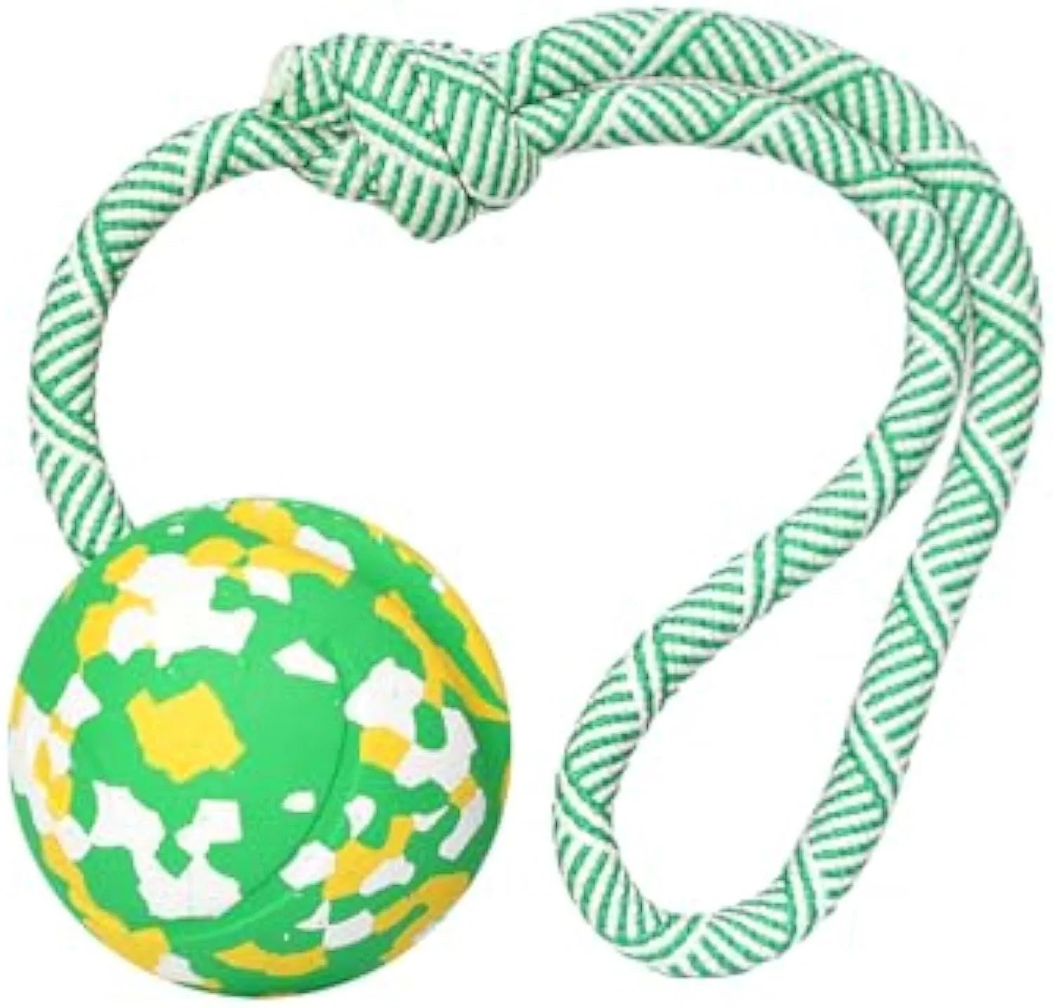 Natural rubber dog ball attached to a nylon rope for fetch and tug play.