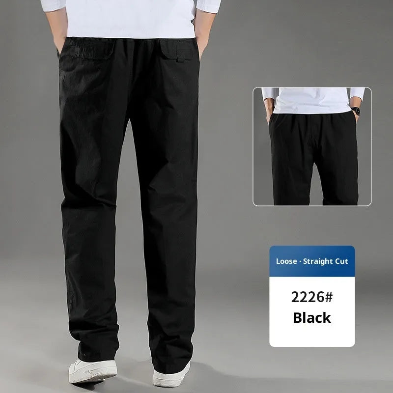 Men's cotton loose straight trousers zip placket workwear style, black colour, on model