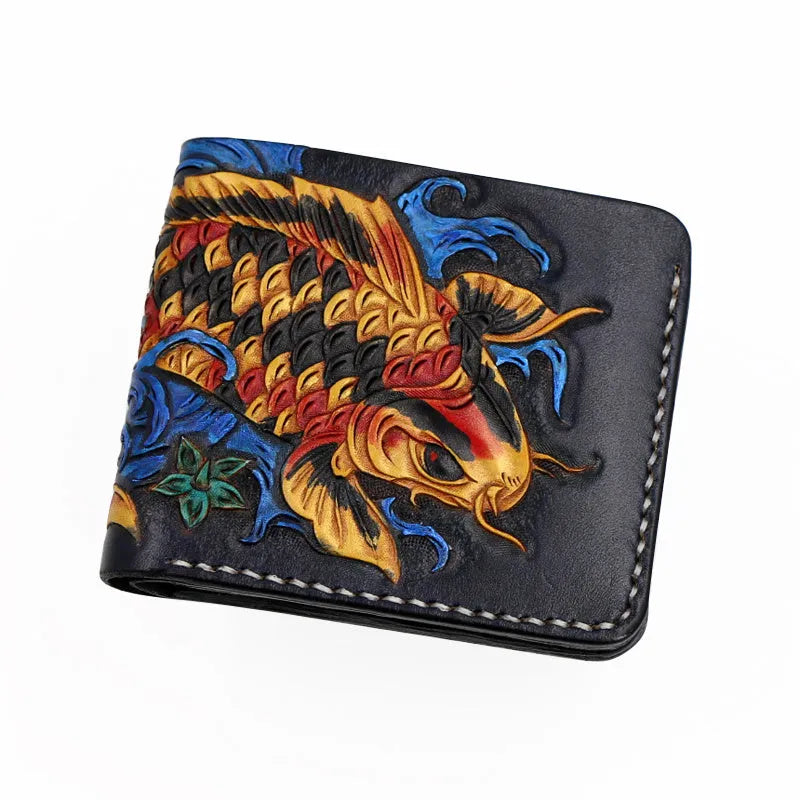 Men's carved leather short wallet showing open design and compact 10x12cm dimensions
