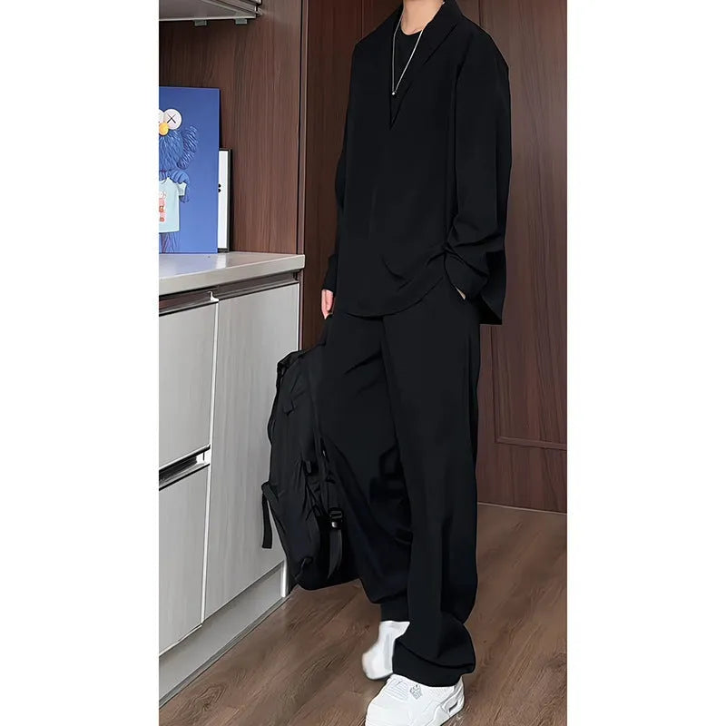 Men's black slim fit polo shirt and trousers two-piece casual set for autumn wear