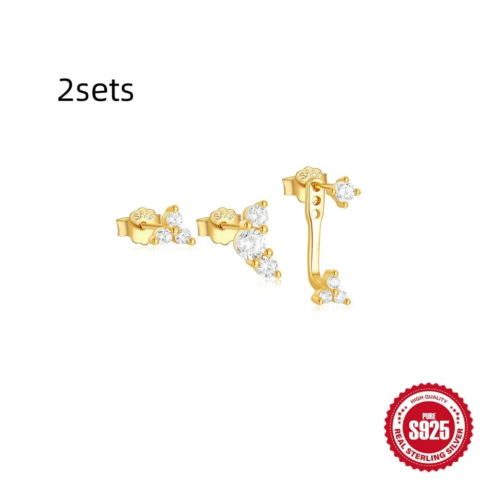 S925 sterling silver geometric zircon tassel earring set with three pairs showing different gold-plated colour variants