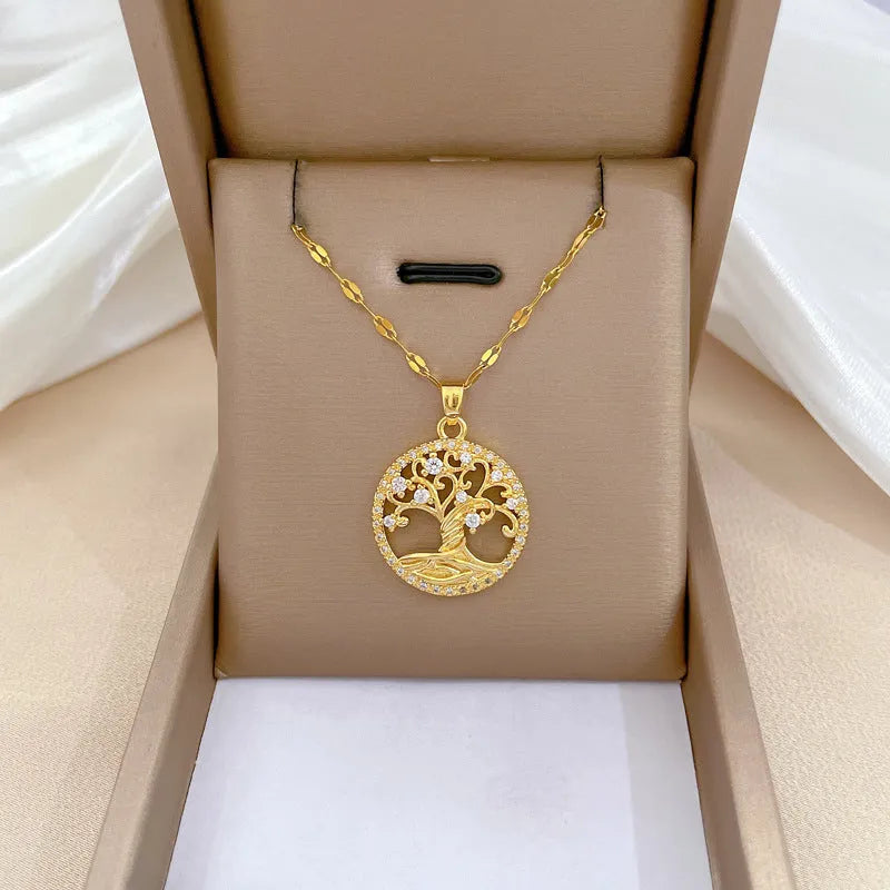 Gold-plated cross necklace with rhinestone lucky tree design and mother pearl shellfish pendant on adjustable chain