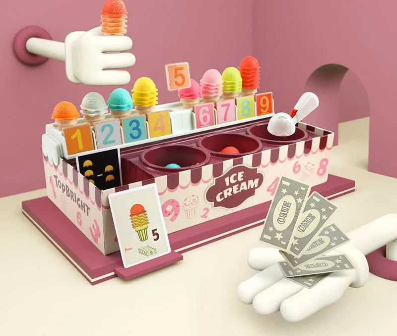 Ice cream math kitchen toy set with colourful wooden sign and plastic machine for children role play